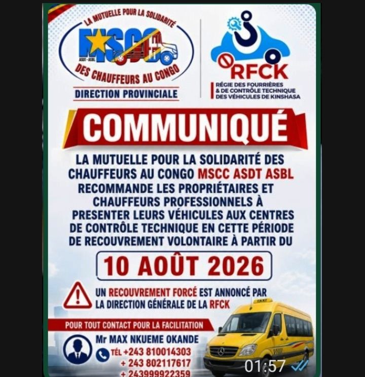 Kinshasa : le contrôle technique des véhicules, motos et tricycles, une exigence pour la sécurité publique et la mobilité urbaine